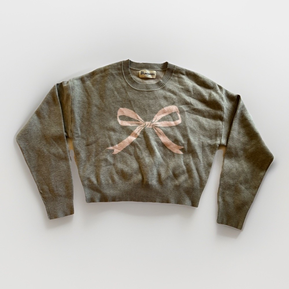 No Boundaries Women's Gray Cropped‎ Sweater Light Pink Bow Pullover Soft
